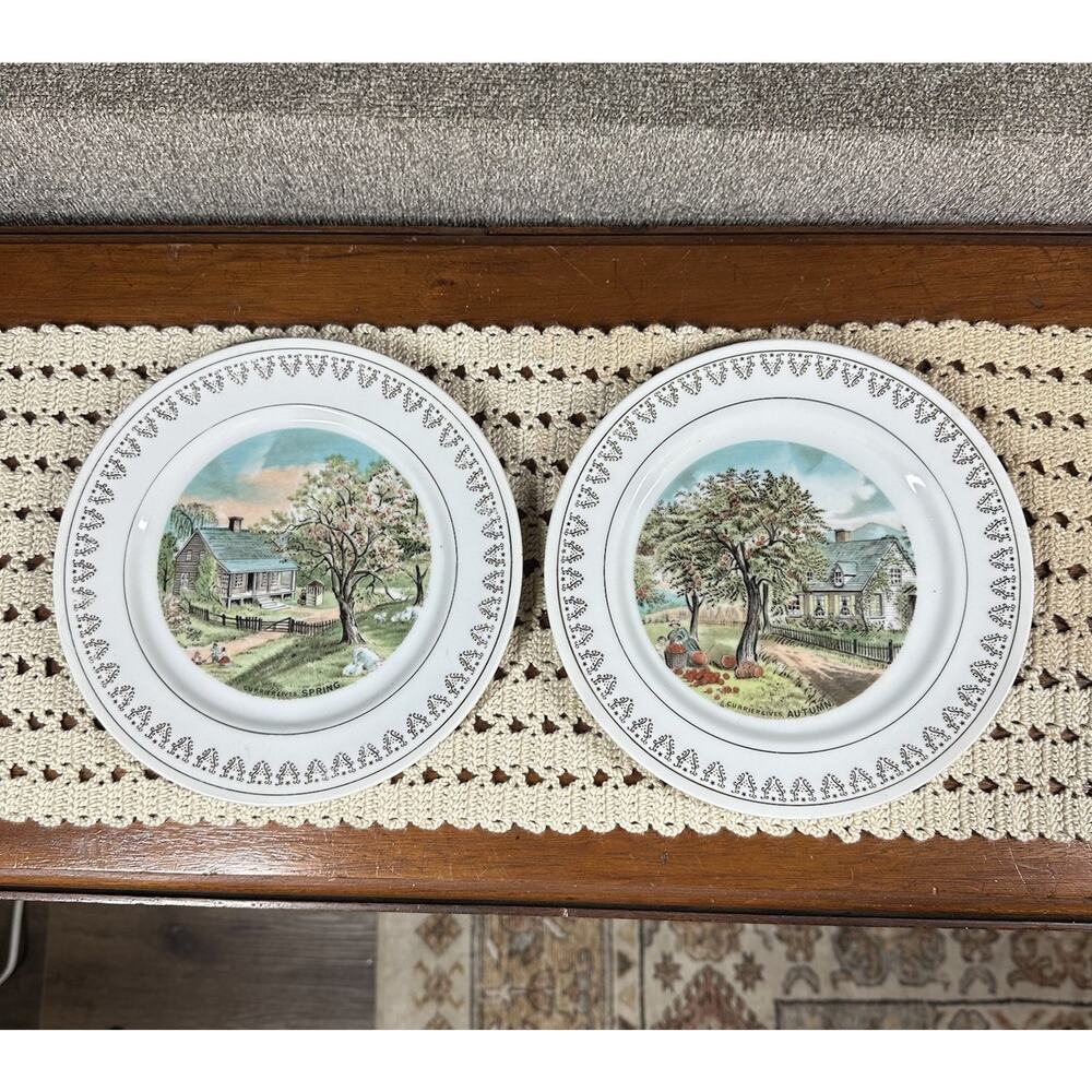 Currier & Ives 4 Seasons Decorative Plates Made In Japan Set of 2 Autumn Spring